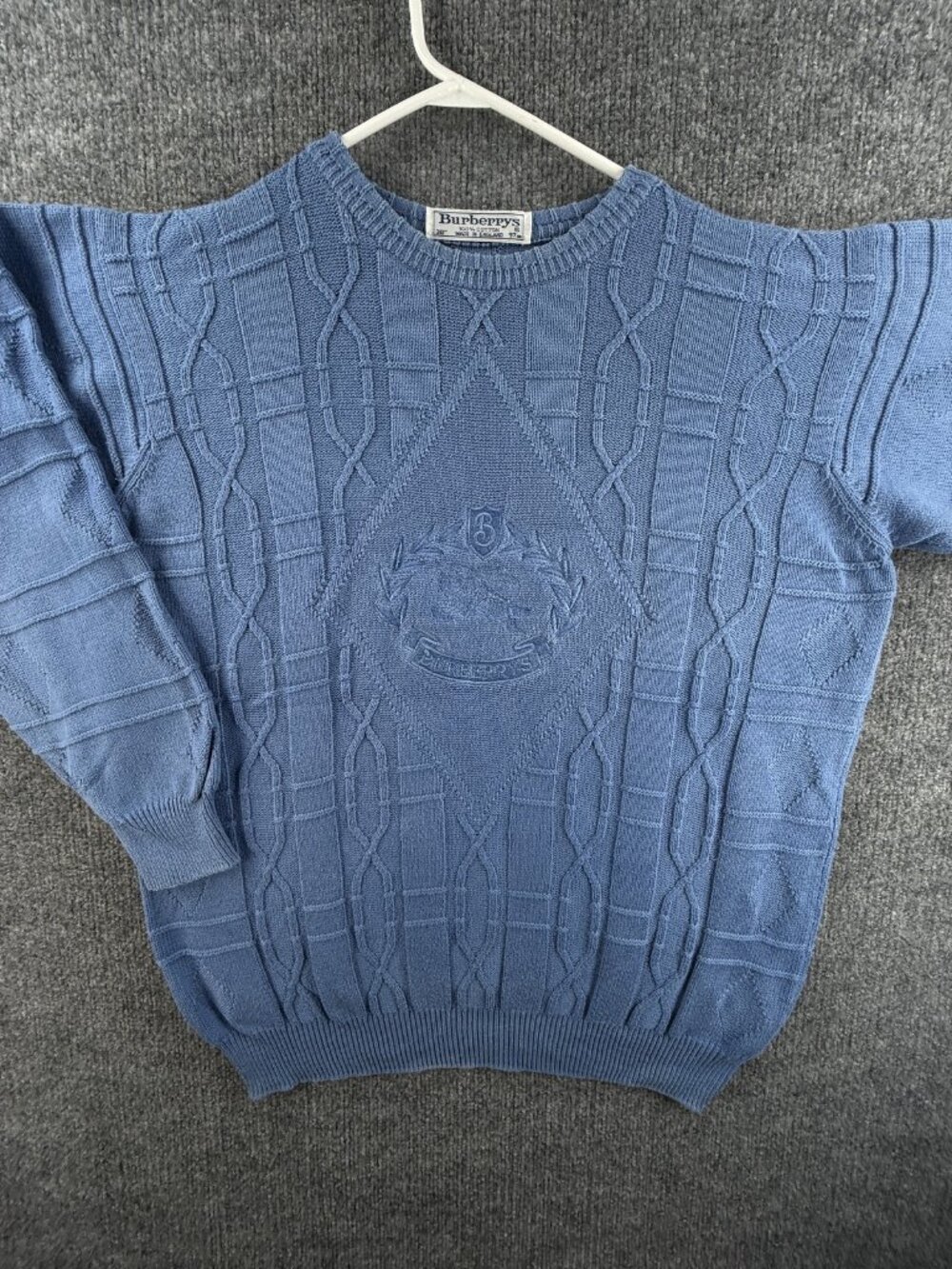 VTG Burberry Cable-Knit M/L (38) Crew Neck Big Graphic Logo Blue Knit Sweater